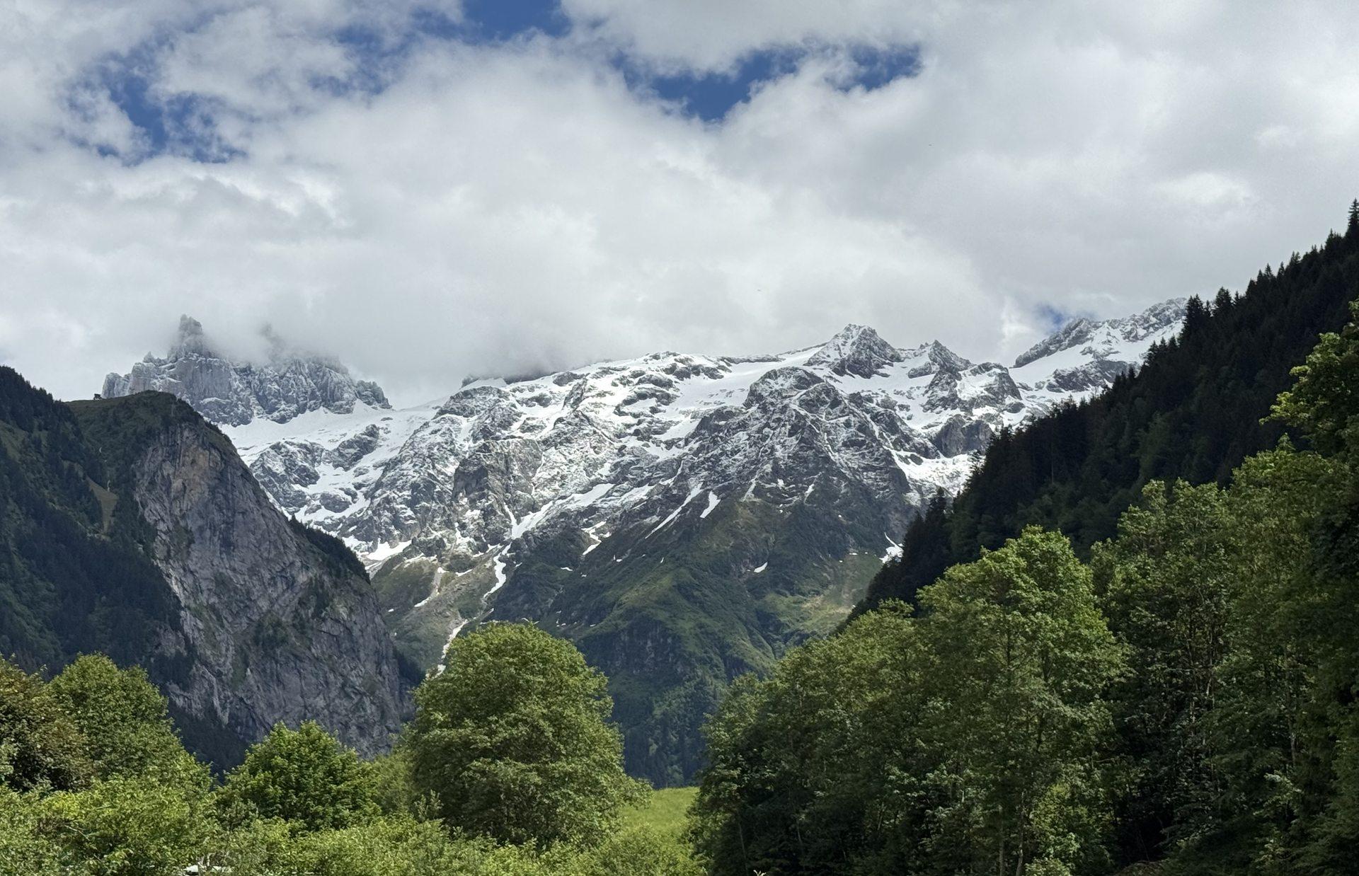 Snow-capped peaks above green forested slopes and alpine pasture in the Alps.