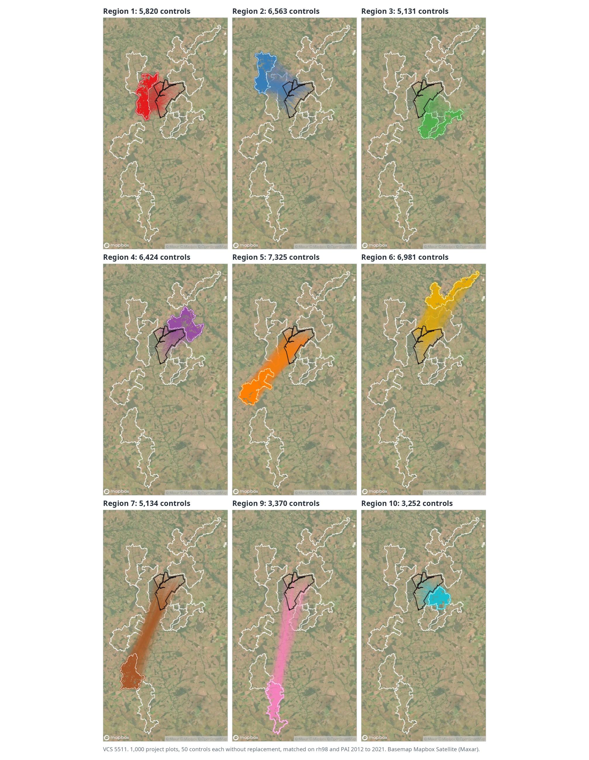 Nine small satellite maps of the same project, one per comparison area. In each, one area is coloured and its control plots are linked by lines to the project plots they serve, with the other areas outlined in white. Panel titles give the number of controls per area, from about 3,200 to 7,300.