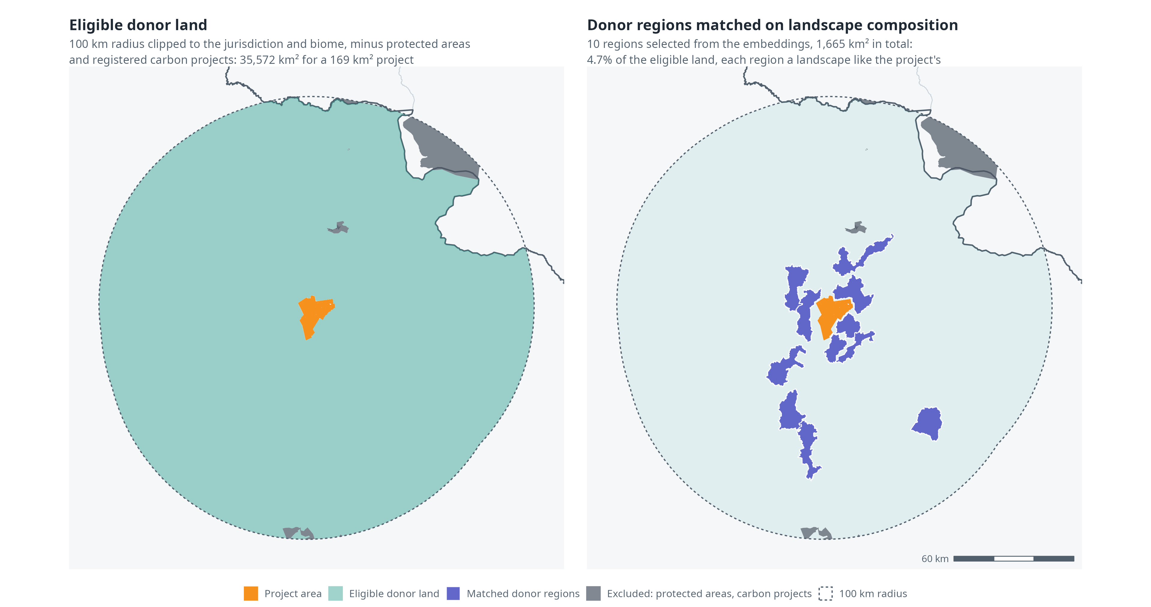 Two maps of the same tree planting project. Left: the land VM0047 allows as comparison areas, a 100 km circle round the project clipped to the jurisdiction and biome with protected areas and registered carbon projects removed, 35,572 square kilometres for a 169 square kilometre project. Right: the ten areas belian.earth's matching selected inside that circle, 1,665 square kilometres in total, 4.7% of the eligible land, each one a landscape like the project's.