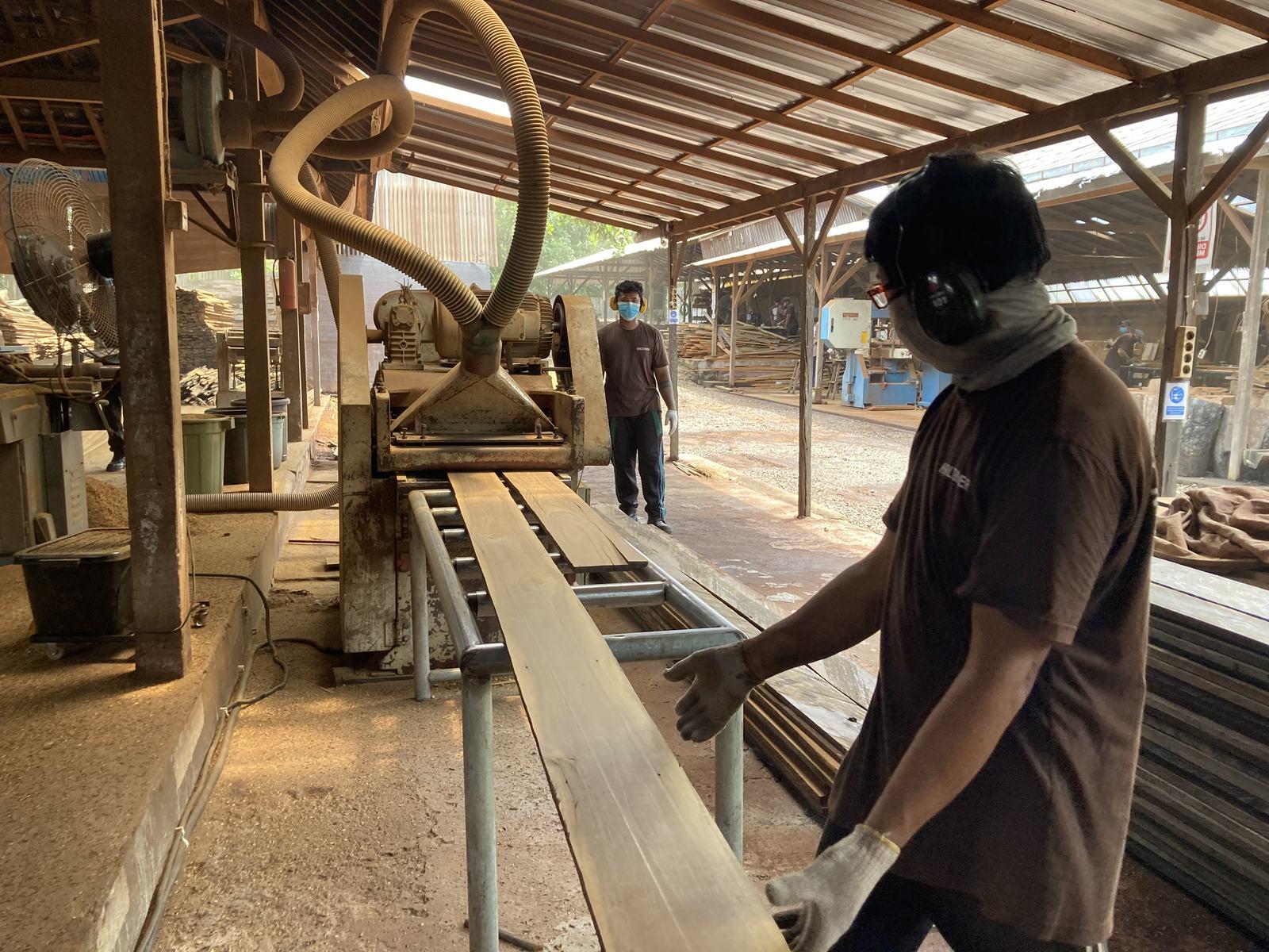 Two workers in ear defenders feeding a reclaimed ulin plank through a milling machine on a roller bed at Kaltimber in Bali