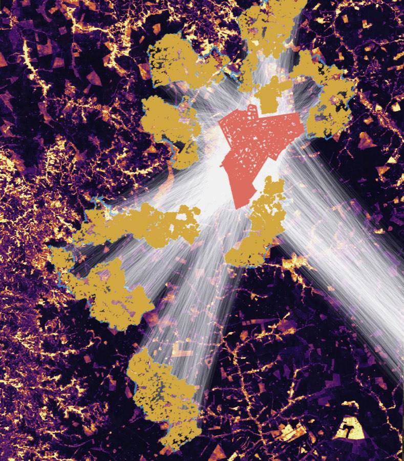 A project area (red) and the reference areas ramet47 selected for it (yellow). The white lines are the matches between places in the project and places in the reference areas. The background is the satellite embedding, with similar places in similar colours.