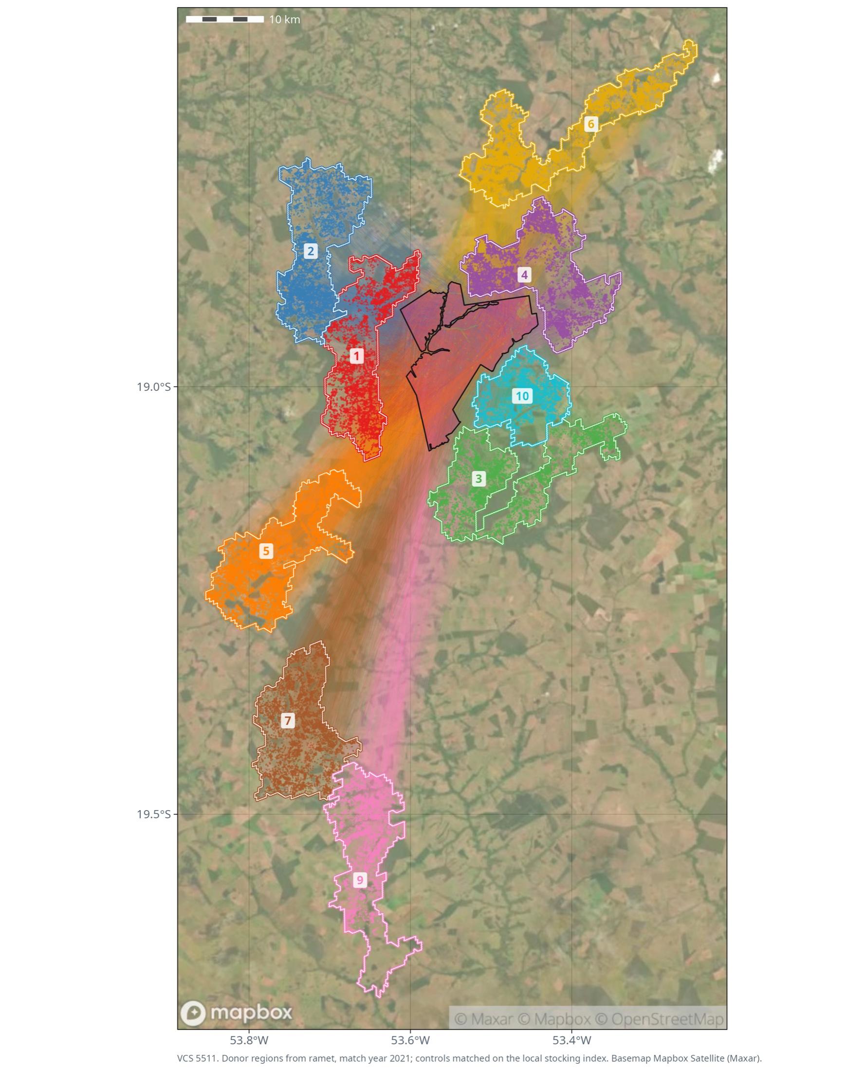 Satellite map of a tree planting project with nine coloured comparison areas around it. Coloured lines run from the project to each area, one line per matched pair, so the whole project appears linked to its control plots. Scale bar 10 km.